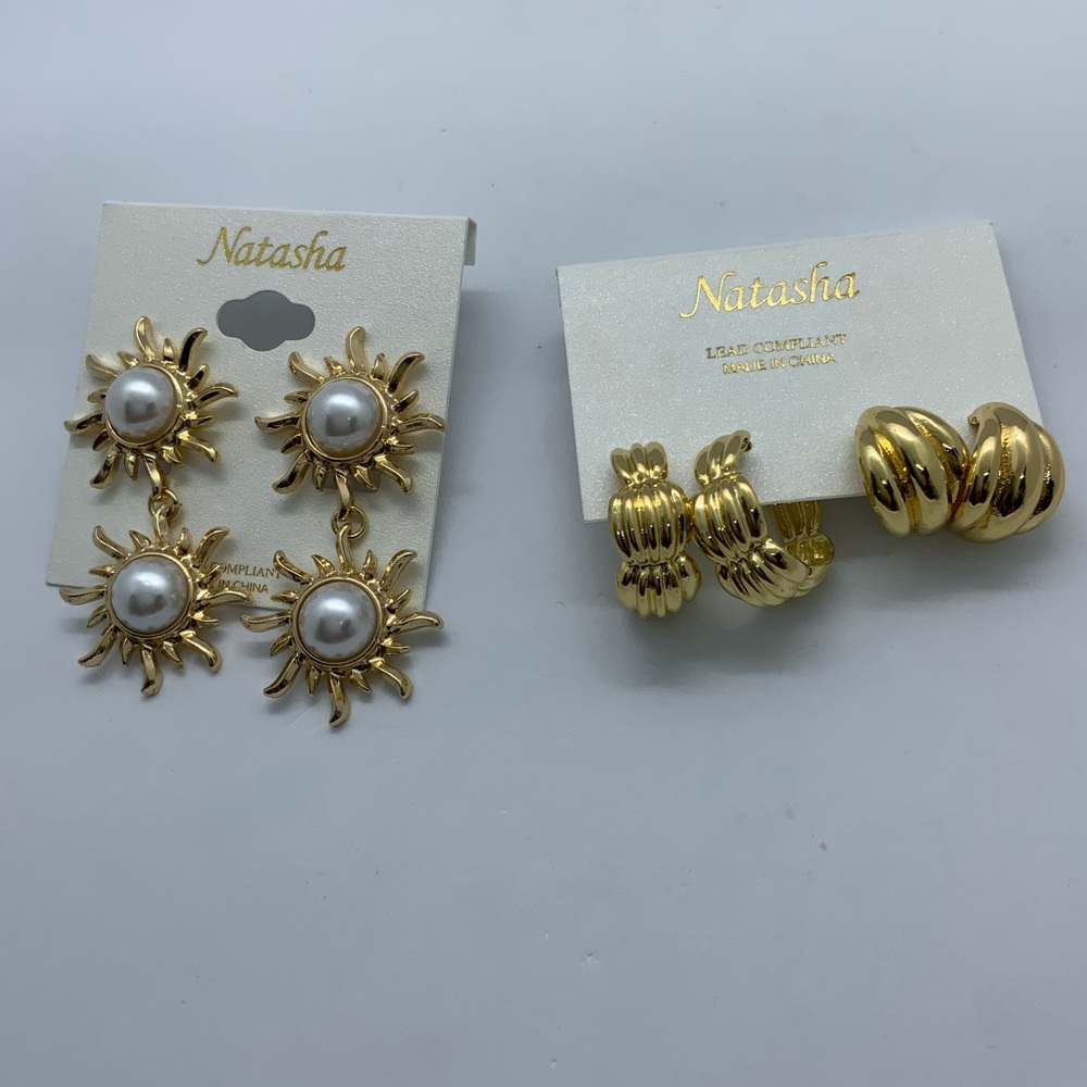 (3) Natasha Gold and Pearl Sunburst Earrings Set